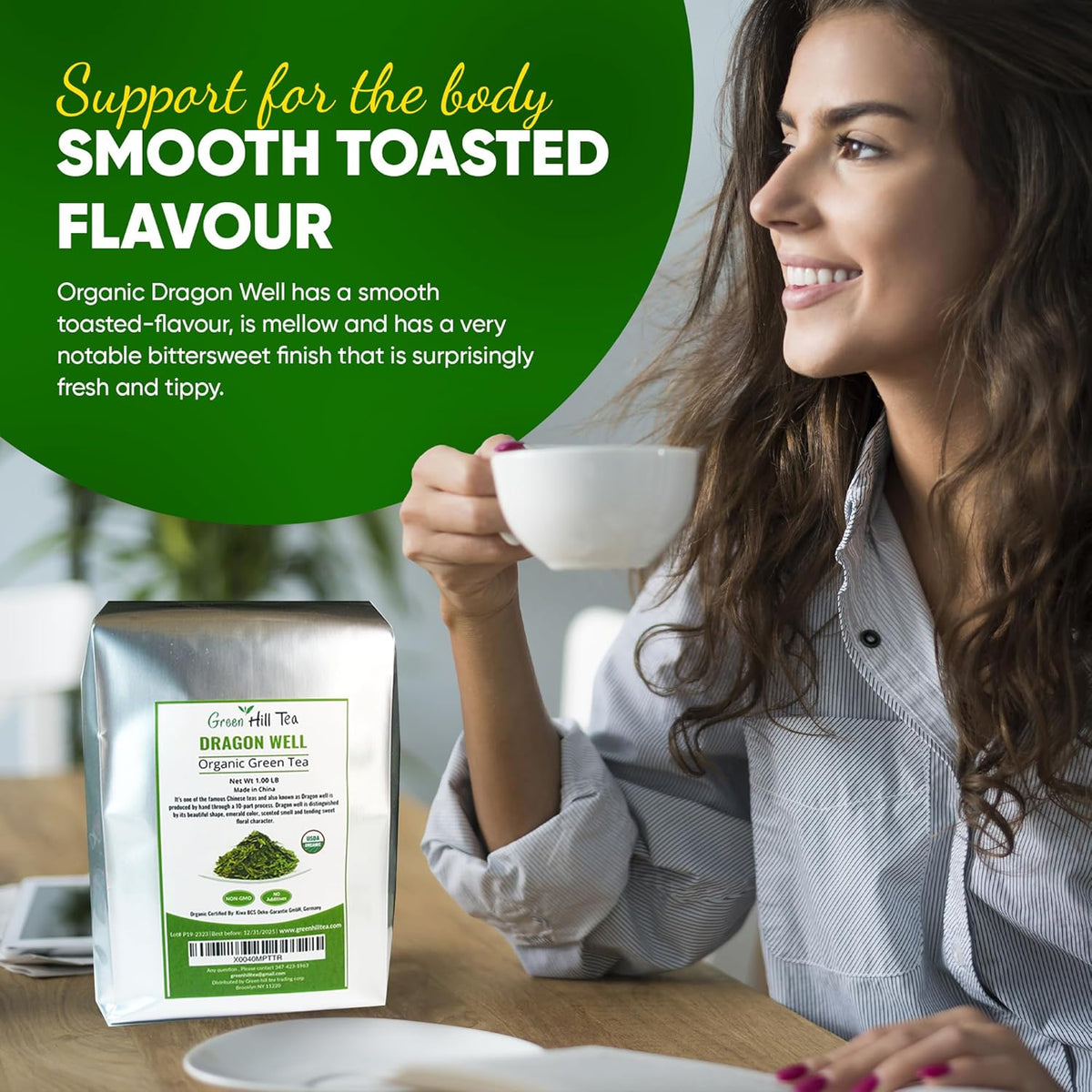 Organic Dragon Well, a classic Chinese Green tea distinguished by its color, shape and taste- 1 lb Bag.
