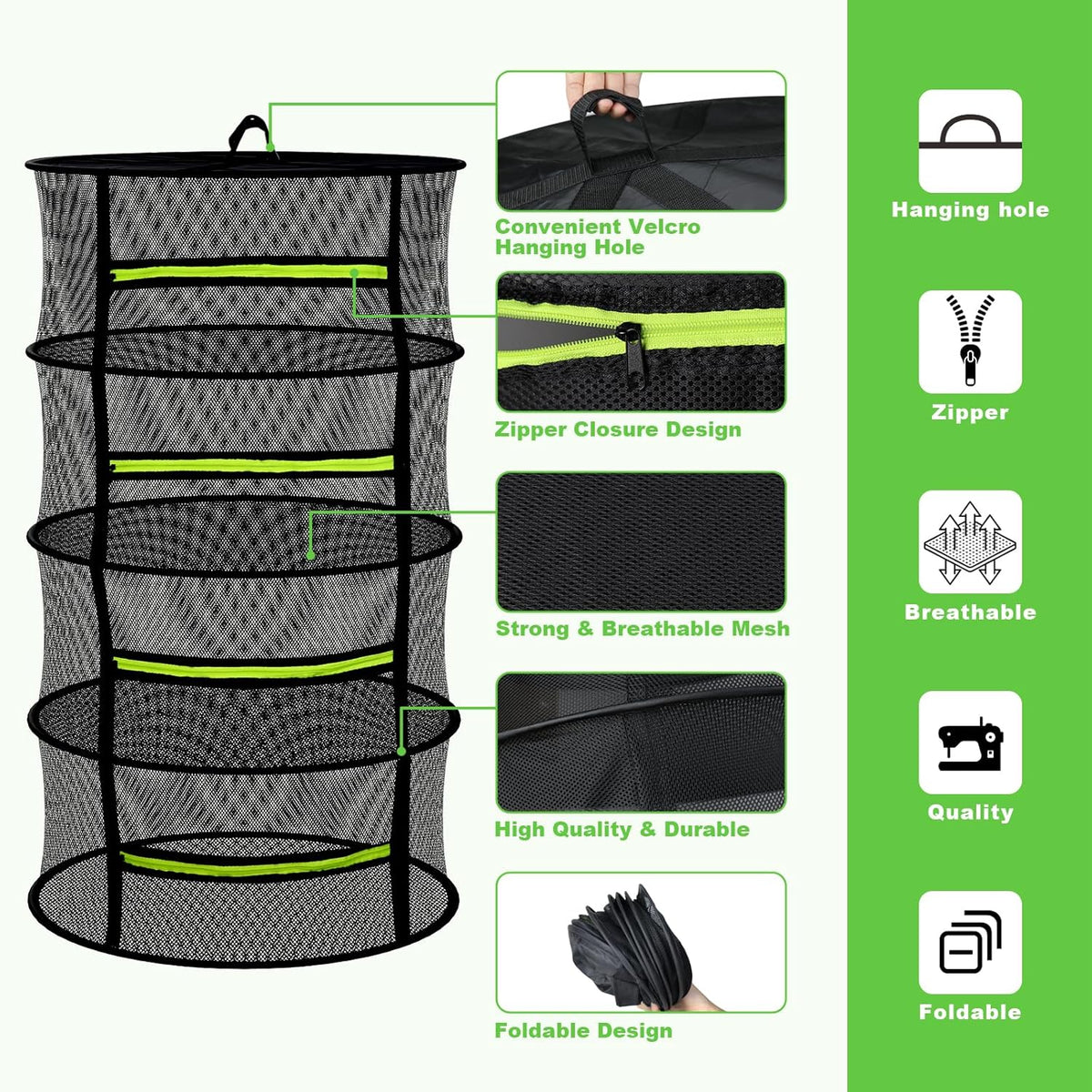 Herb Drying Rack - Mesh Drying Rack - Herb Drying Rack Hanging with Green Zipper & Garden Pruning Shears for Drying Herb - Hanging Drying Rack - Plant Drying Rack (4 Layers)