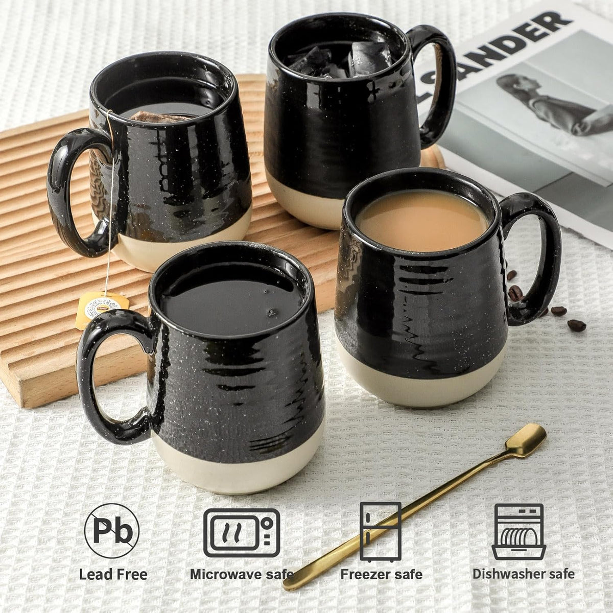 Hasense Ceramic Coffee Mugs Set, 15 oz Large Coffee Cups Set of 4, Tea Cups with Handle for Men and Women, Latte Mugs for Coffee, Tea, Milk, Hot Chocolate, Microwave Dishwasher Safe, Black