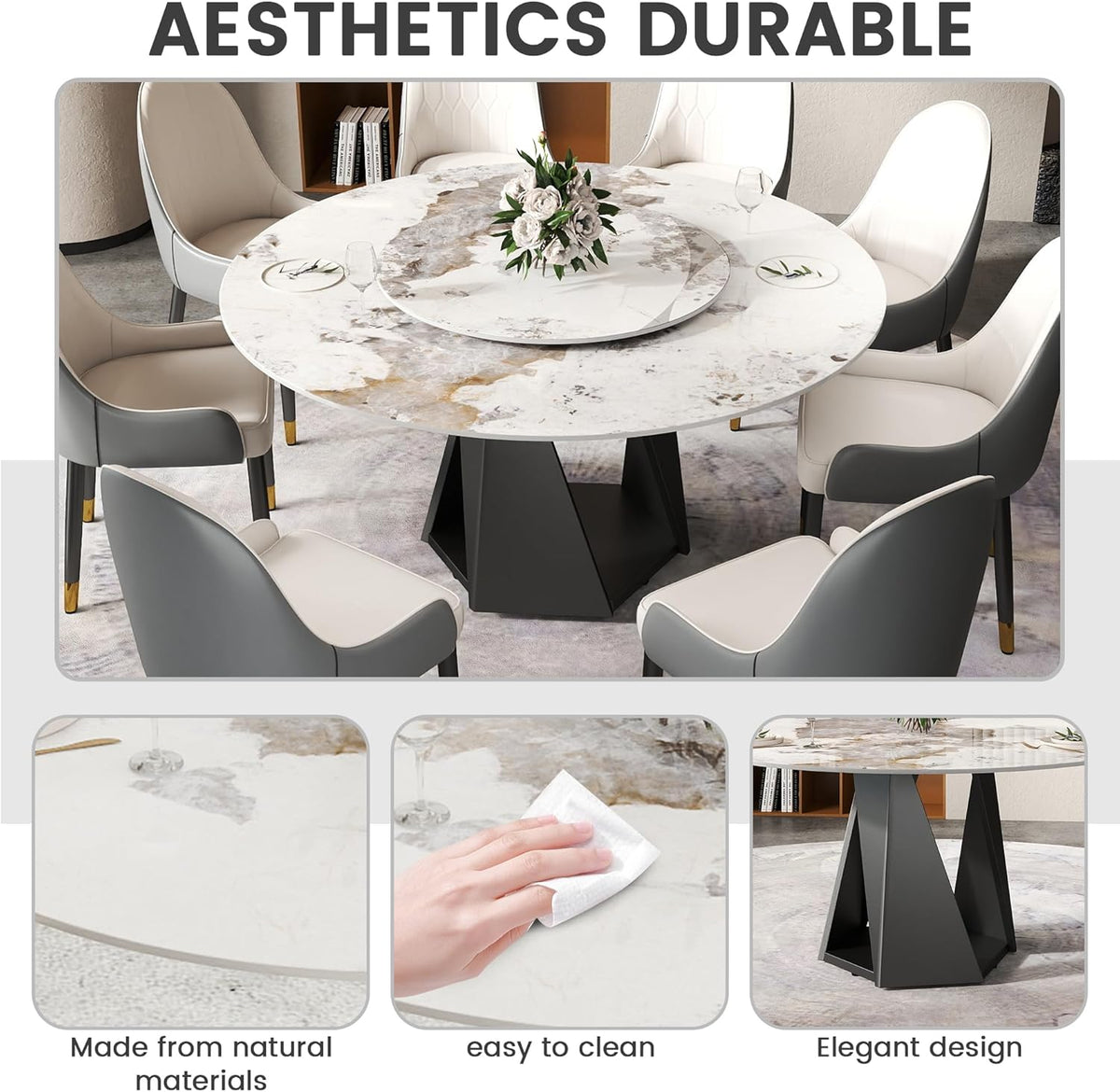 Montary 9 Piece Dining Table Chairs Set, Modern Dining Table Set of 8, Includes 59" D Marble Round Table with Black Iron Metal Base, 8 Gray White Dining Chairs for Home, Kitchen