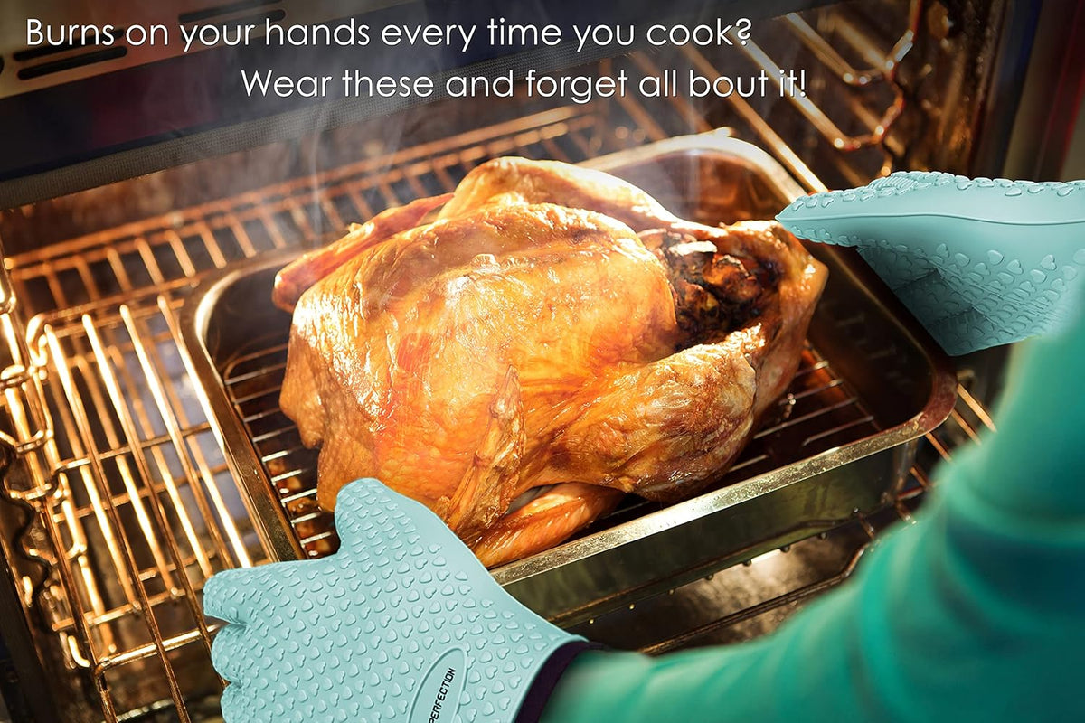 KITCHEN PERFECTION S Silicone Smoker Oven Gloves -Extreme Heat Resistant BBQ Gloves -Handle Hot Food Right on Your Grill Fryer Pit|Waterproof Oven Mitts |Superior Value Set+3 Bonuses