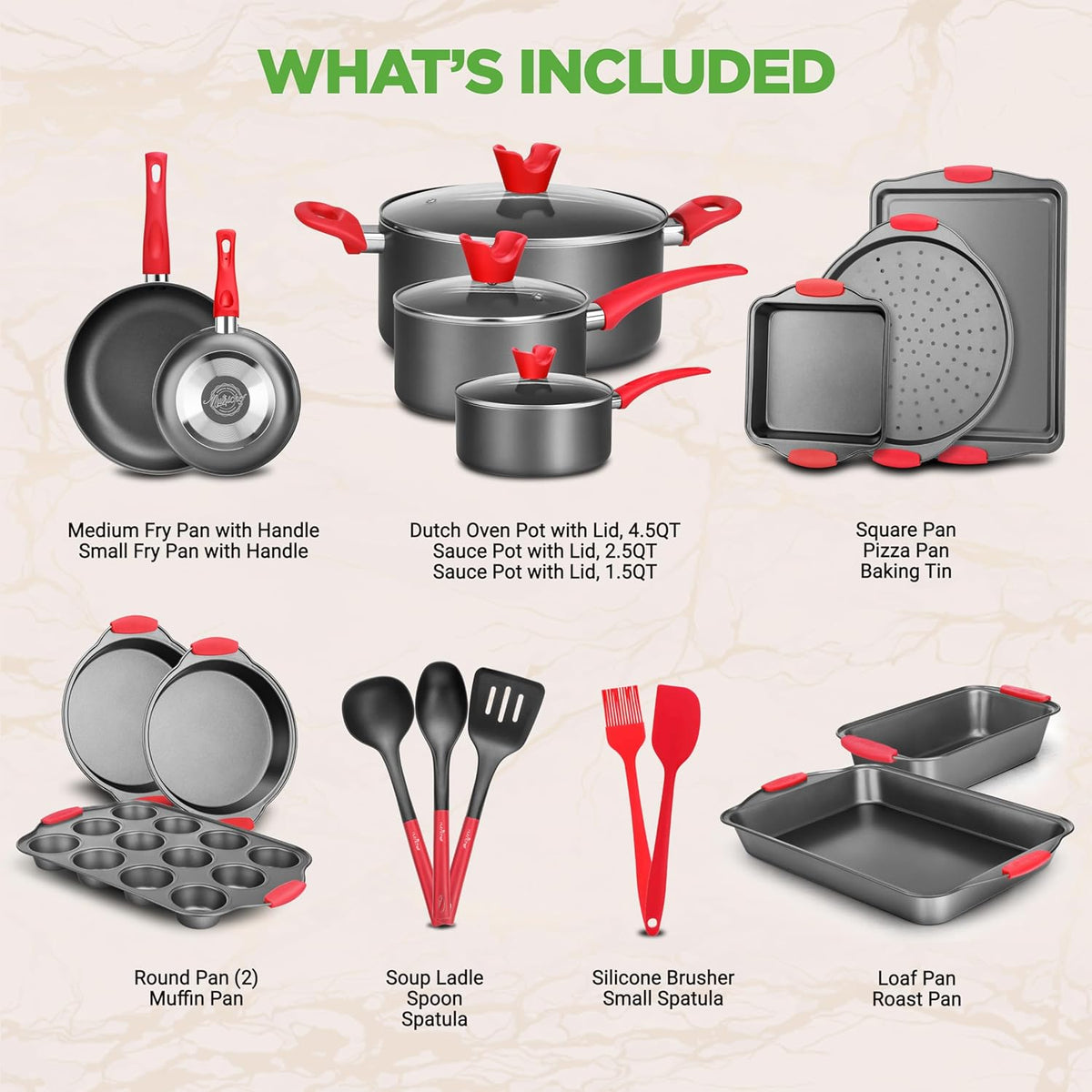NutriChef 21-Piece Nonstick Cookware Set - PTFE/PFOA/PFOS Free Heat Resistant Lacquer Kitchen Ware Pots Pan w/ Cool-Touch Handles, Saucepan, Fry Pans, Lid, Bakeware, For Gas Electric Ceramic Cooktops