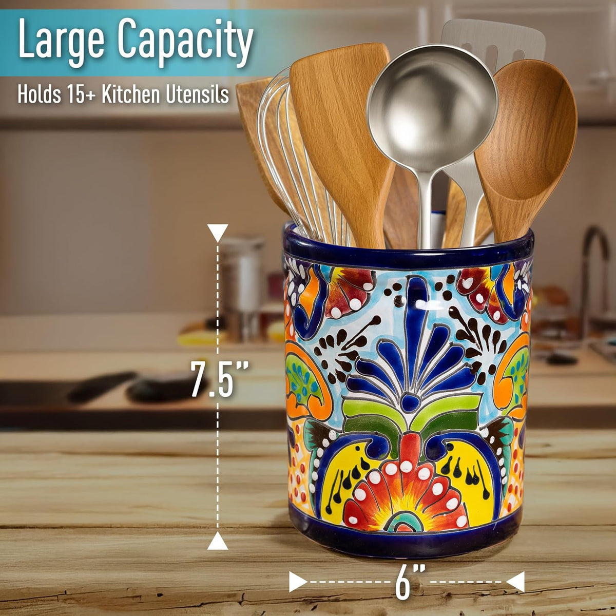Utensil Holder For Counter, Large Utensil Crock, Talavera Mexican Pottery, Mexican Kitchen Decor, Drawer Organizer, Spoon Holder, Ceramic Mexico Decor for Home Spatula Holder Mexican Vase, Bohemian