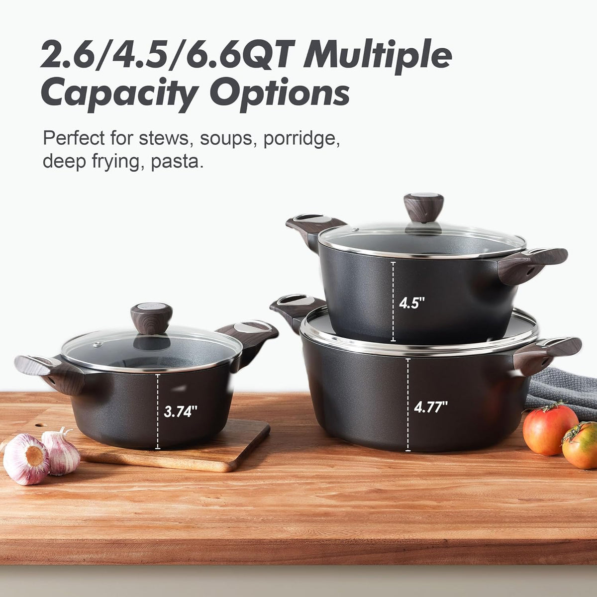 SENSARTE Nonstick Stock Pot with Lid, 2.6/4.5/6.6 QT Soup Pot Casserole Pot, Healthy Pasta Pot, Large Deep Cooking Pot, Big Sauce Pot Stew Pot, Induction Compatible, PFOA PFOS APEO Free, Black