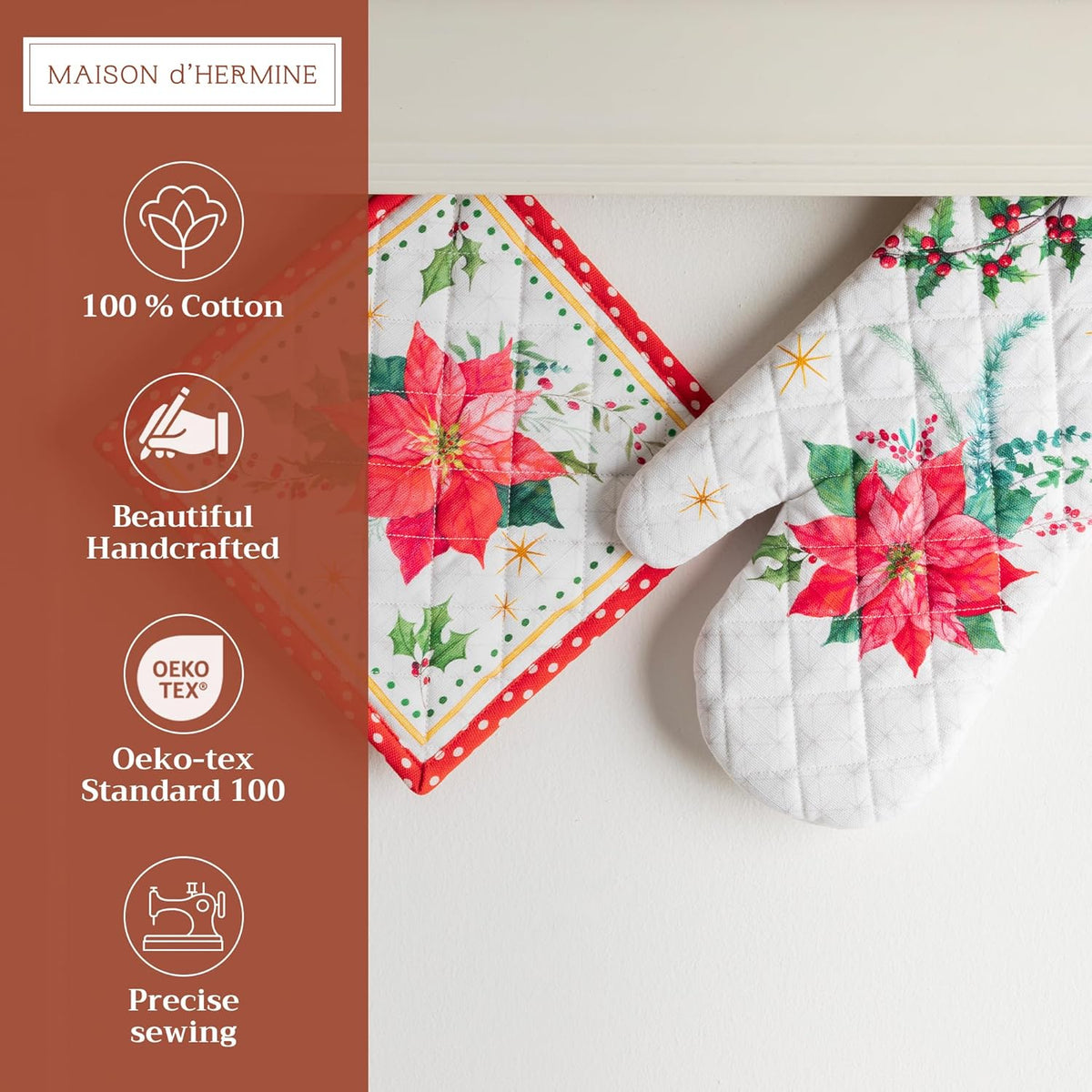 Maison d' Hermine 100% Cotton Oven Mitt & Pot Holder Set (7.5"x13" & 8"x8") Heat Resistant BBQ Cooking Gloves with Loop, Baking, Grilling, Kitchen, Handling Hot Pans (Poinsettia Christmas)