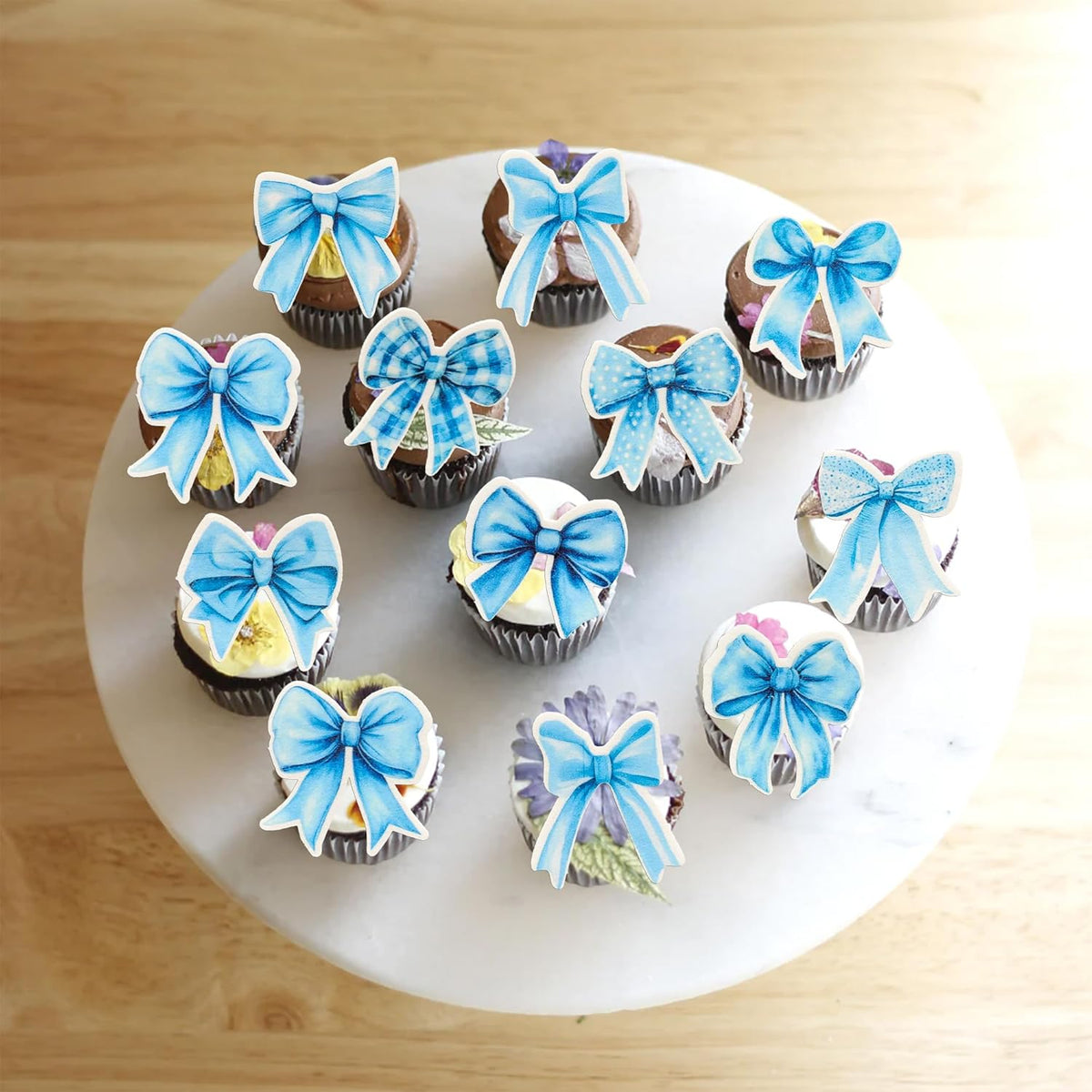Gyufise 50Pcs Edible Blue Bowknot Cupcake Toppers Wafer Paper Bowknot Cake Dessert Picks Baby Shower Princess Cupcake Toppers for Birthday Party Decoration Supplies