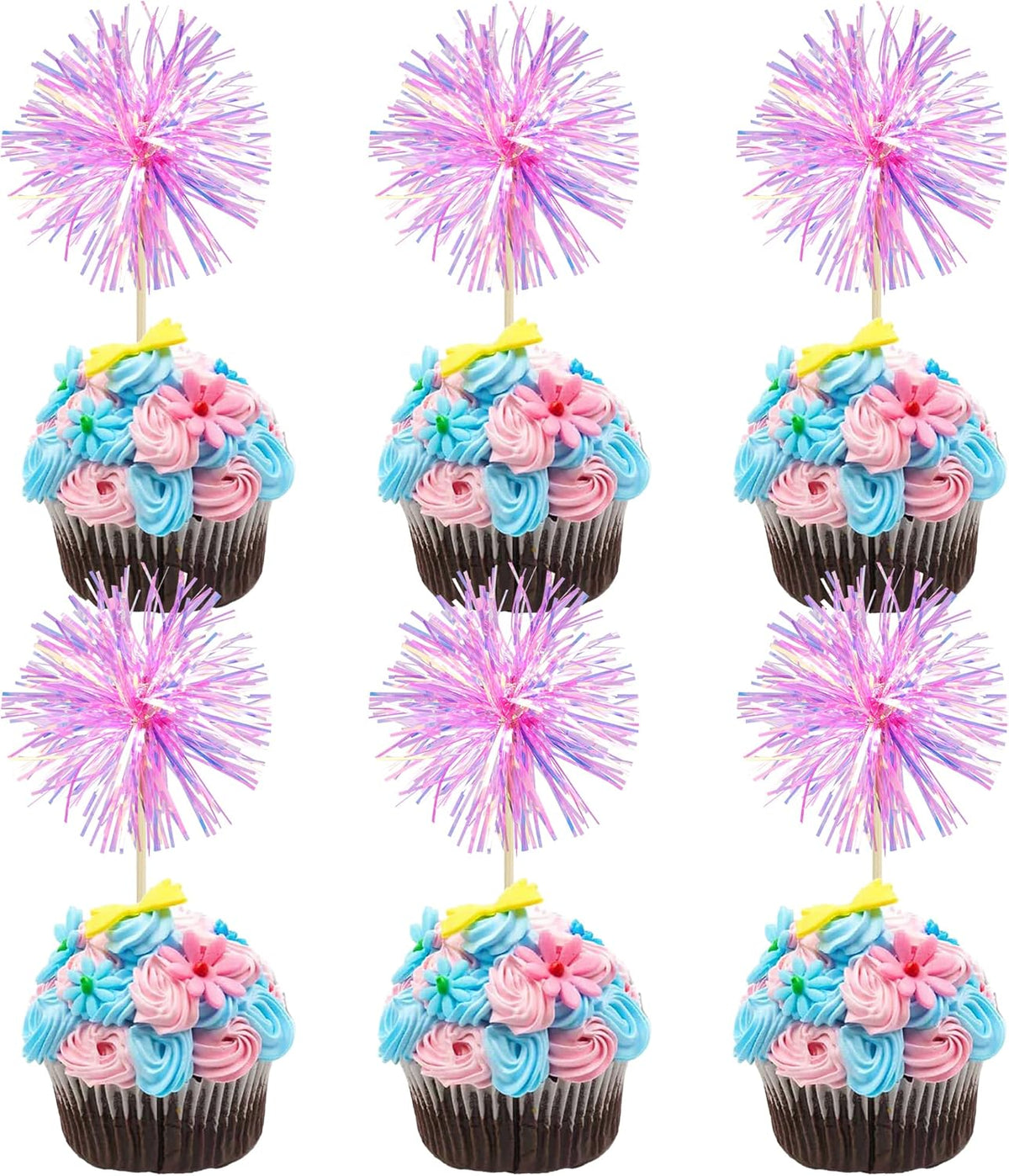 Gyufise 30Pcs Foil Firework Cupcake Toppers Sparkle Tinsel Cake Toppers Tinsel Drink Cake Decoration Cocktail Picks for Birthday Wedding Graduation Party Supplies Laser Rose Red