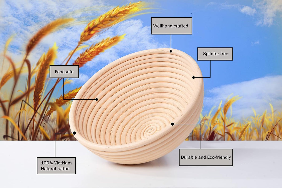 Banneton Bread Proofing Basket Set of 2 (9 Inch, Unbleached Rattan) – Round Dough Proofing Bowls with Cloth Liners for Artisan Sourdough Bread