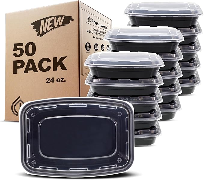 Freshware Meal Prep Containers [50 Pack] 1 Compartment with Lids, Food Storage Containers, Bento Box, BPA Free, Stackable, Microwave/Dishwasher/Freezer Safe (24 oz)