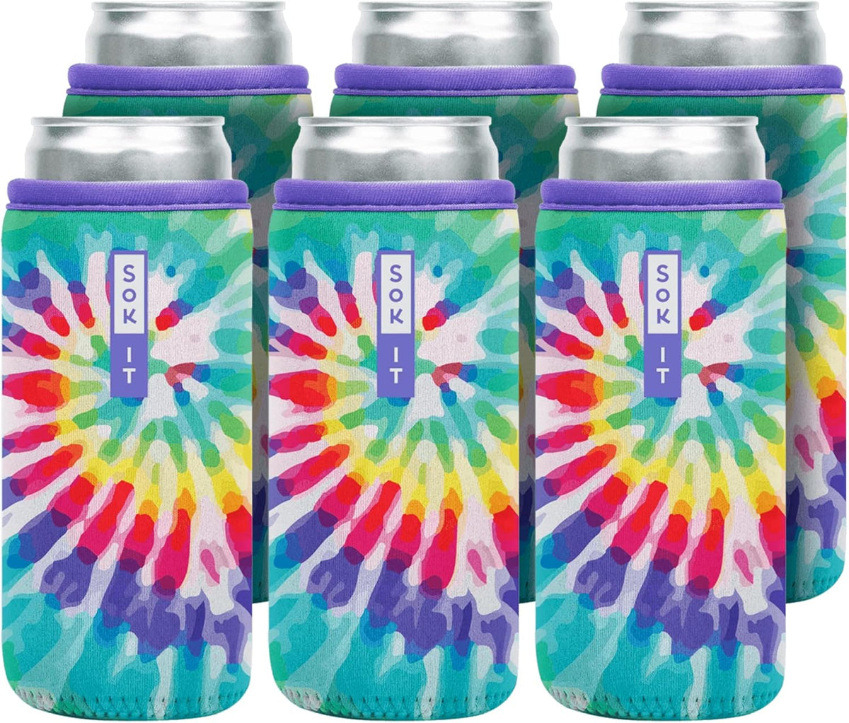 Sok It CanSok 6 Pack Sleeve for Beer & Soda Insulated Neoprene Cover (Rainbow Tie Dye, 12oz Slim Can Sleeve - 6 Pack)