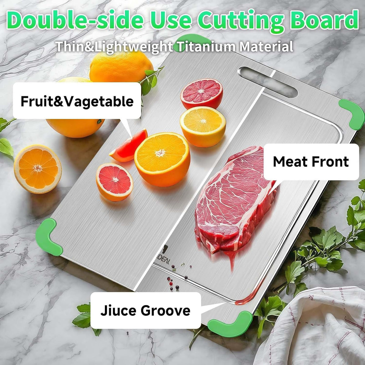 100% Pure Titanium Cutting Board with Grooves, Update Double Side Titanium Chopping Board, Silicone Anti-slip Stainless Cutting Boards for Kitchen 9 * 13 IN, Green