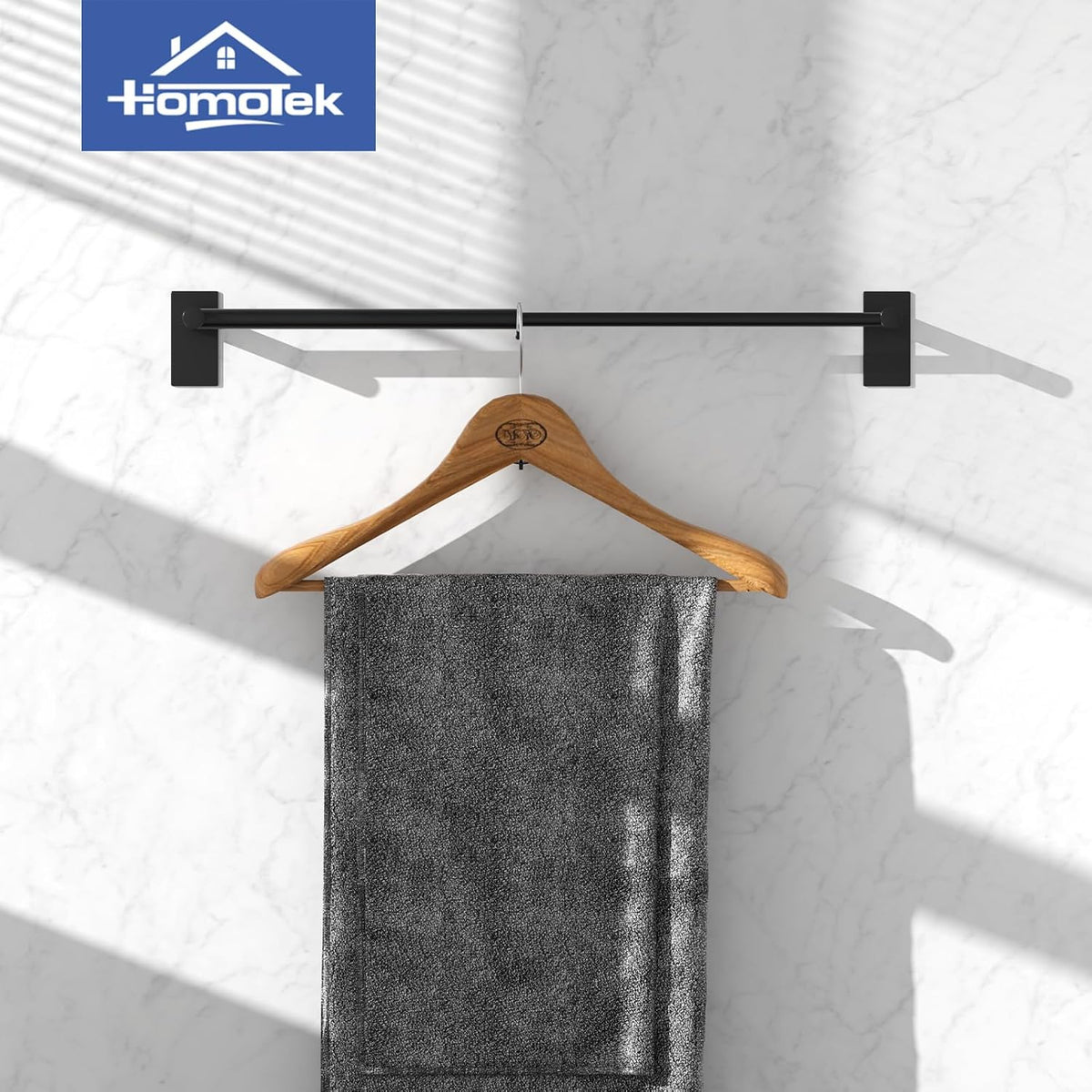Adjustable AdhesiveTowel Bar 2 Pack, HOMOTEK Economical Self Stick Single Towel Holders, Towel Rod Size from 12 Inch to 22 InchTowel Racks, Towel Hanger Hook for Kitchen(Matte Black)