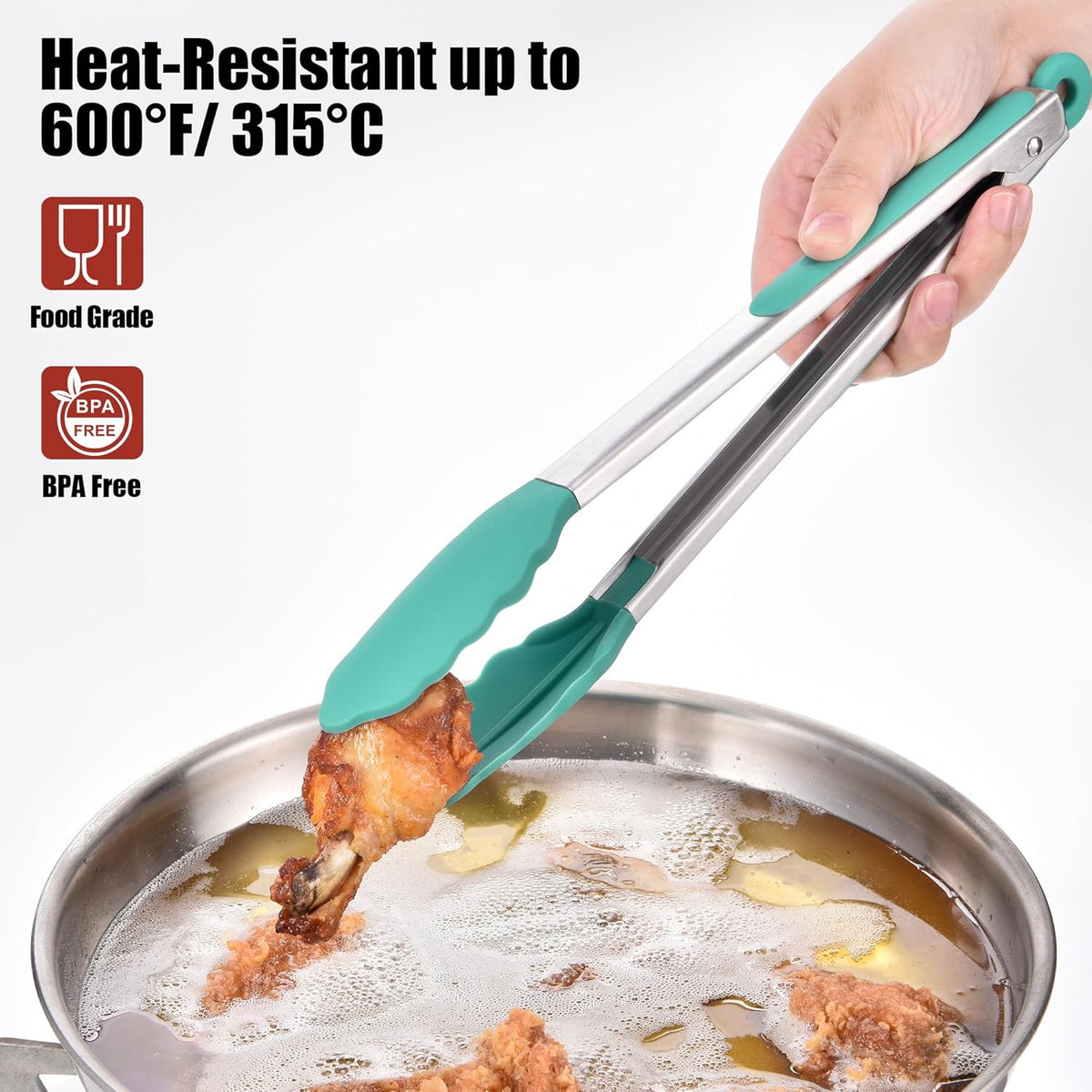 Doosu Kitchen Tongs for Cooking - 600°F Heat Resistant Food Tong Set with Non-Scratch Silicone Tips, Heavy Duty Stainless Steel Locking Tong for BBQ, Grilling Steak, Serving Salad (9+12in, Aqua Sky)