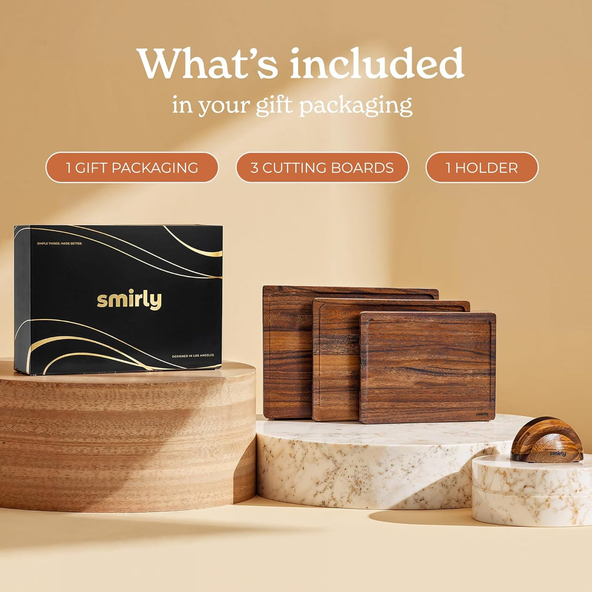 SMIRLY Walnut Wood Cutting Boards for Kitchen, Set of 3 with Holder Large - Small, Walnut Wooden Cutting Board Set with Deep Juice Grooves, Non Toxic Serving Tray, Perfect Mother's Day Gifts