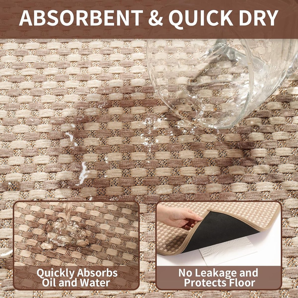 Kitchen Runner Rugs Non Slip Washable, Super Absorbent Soft Chenille Braided Kitchen Mats for Floor Rubber Backing Standing Sink Mat Floor Mat, Easy to Clean, Brown 17"x59"