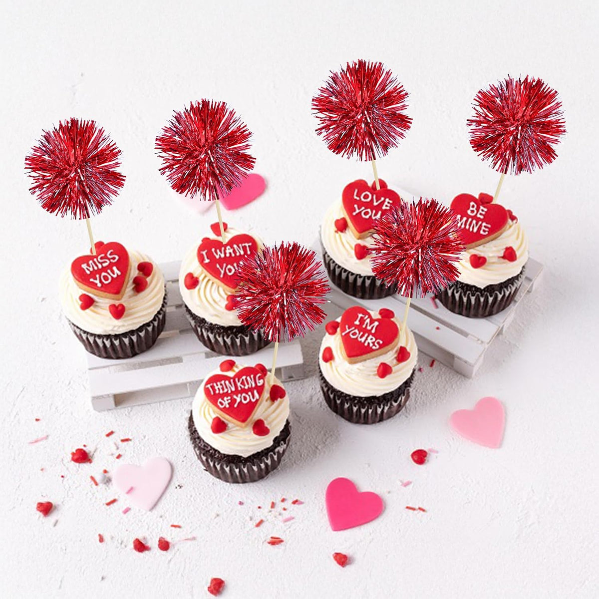 Ephlyn 30Pcs Foil Firework Cupcake Toppers Sparkle Tinsel Cupcake Picks Happy Birthday Cake Toppers Drink Stirrers Cocktail Food Fruit Toothpicks for Baby Shower Birthday Party Supplies Red