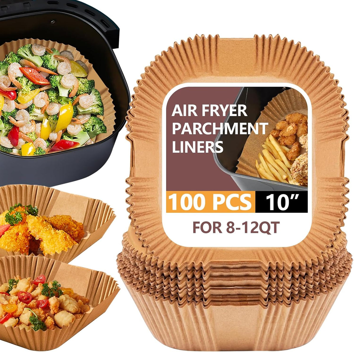 UBeesize 10 Inch Air Fryer Paper Liners,100 PCS Parchment Paper, Air Fryer Disposable Paper Liner for Microwave, Non-Stick Air Fryer Liners Square Free of Bleach（Bottom size 9 Inch）