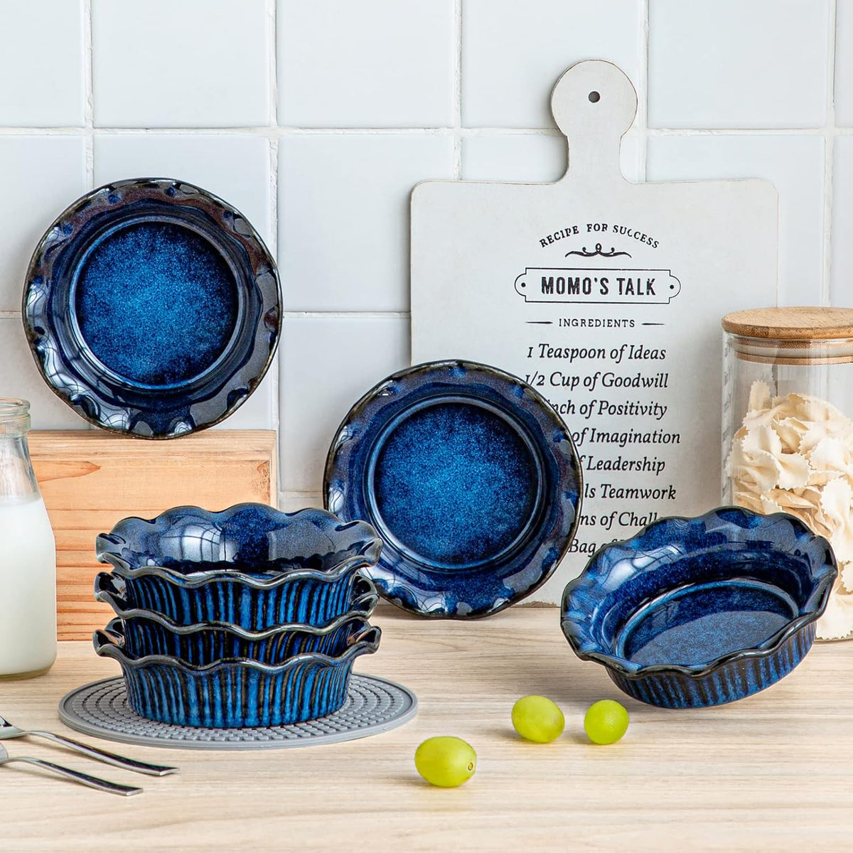 vancasso Mini Pie Pans Set of 6, 5.2 Inch Ceramic Deep Dish Pie Plates with Ruffled Edge for Baking, Microwave & Oven Safe, Blue