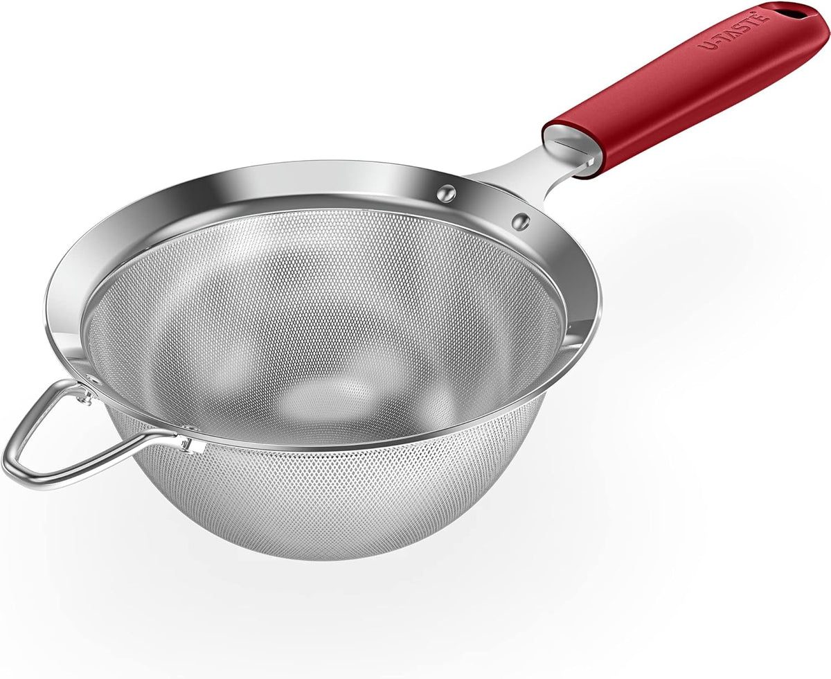 18/8 Stainless Steel Mesh Strainer: U-Taste 5.5 Inch Kitchen Fine Mesh Sieve Food Colander with Riveted Sturdy Silicone Handle and 30 Mesh Hole for Straining Flour, Pasta, Fruit, Quinoa (Red)