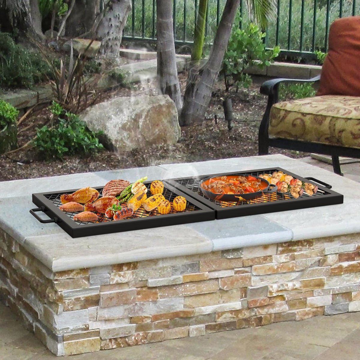Onlyfire Foldable X-Marks Fire Pit Cooking Grate, Portable Rectangle Campfire Grill Grate with Handles, Heavy Duty Steel Campfire BBQ Grill for Outdoor, 32 inch