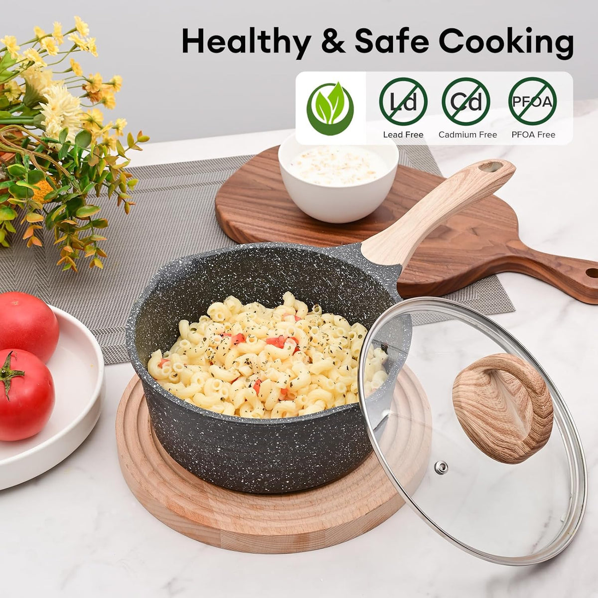 JEETEE 1.5 Quart Sauce Pan with Lid, Non Stick Small Pot with Coating, Masterclass Cookware Sauce Pot for Cooking, PFOA/PFOS Free