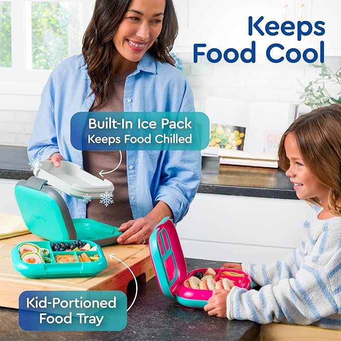 Bentgo Chill Kids Leak-Proof Lunch Box - 4-Compartment Bento Box with Built-In Ice Pack, 3.3 Cup Capacity, PFAS & BPA-Free, Microwave & Dishwasher Safe, Ideal Size for Ages 3 to 7 (Electric Aqua)