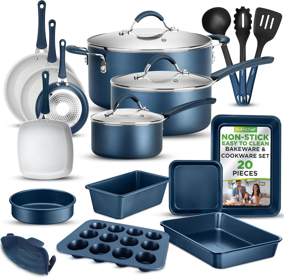 NutriChef Professional 20 Pc Kitchen Set in Navy Blue - Durable Non-Stick Pots and Pans with Bakeware, Compatible with Any Cooktop, Easy Clean