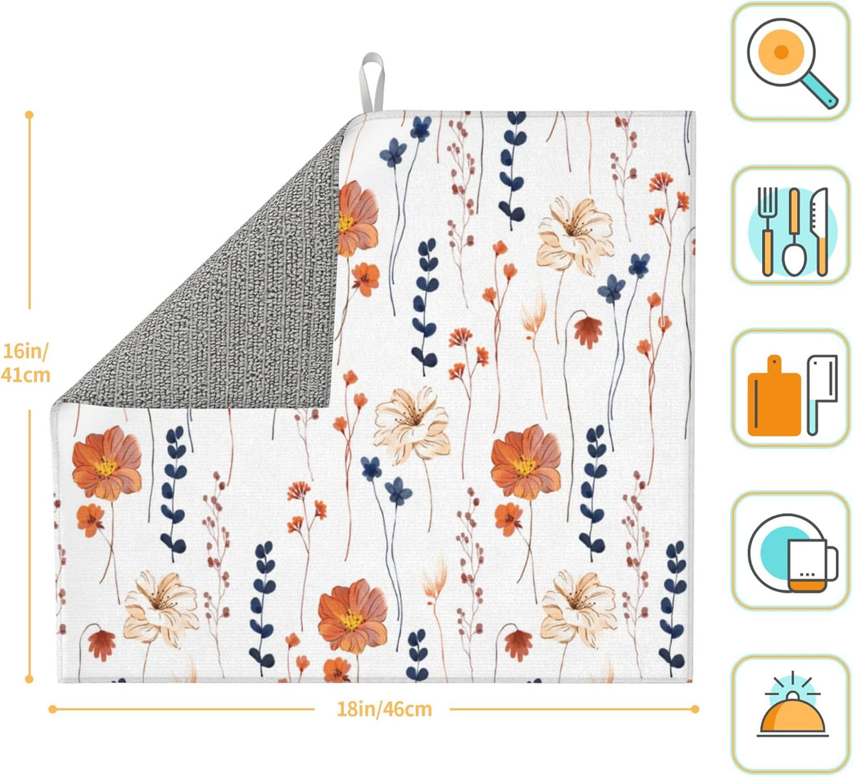 Watercolor Orange Floral Dish Drying Mat for Kitchen Counter Washable Absorbent Reversible Microfiber Orange Flower Decorative Drying Pad Kitchen Accessories 16"x18"