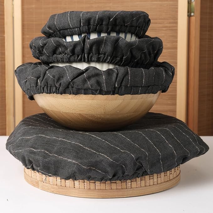 100% Linen Stripe Bowl Covers Reusable For Bread Proofing, 4 Pcs Elastic Cloth Fabric Bowl Covers, 5.9 * 7.9 * 9.8 * 11.8 Inches, Black