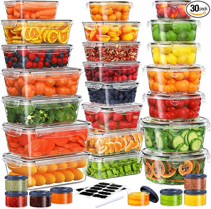 60-Piece Large Food Storage Containers Set - Leakproof, BPA-Free Plastic with Lids Airtight for Kitchen Storage and Organization Reusable with Labels Pen- Microwave Dishwasher Freezer Safe