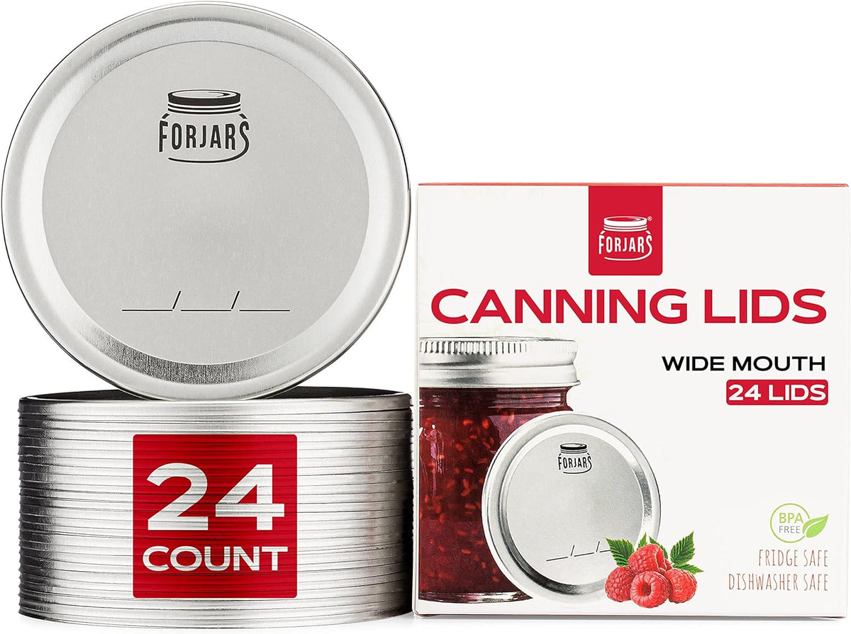 FORJARS - Wide Mouth Canning Lids, 24-Pack – Create Airtight Seals on Mason Jars to Preserve Food for Meal Prep & Emergency Food Storage – 3.4 In. Metal Lids with Silicone Seals – Canning Supplies