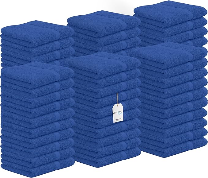Avalon Towels Cotton Washcloths – (Pack of 60) Size 12x12 Inches, 100% Ring Spun Cotton, Soft & Absorbent Face Towels, Gym Towels, Hotel and Spa Quality, Reusable Fingertip Towels (Blue)