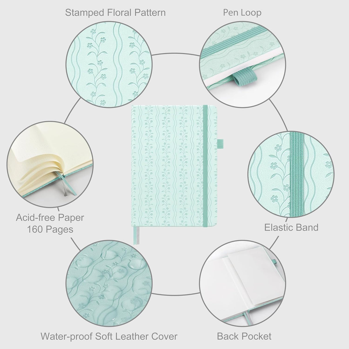 &And Per Se Dotted Journal Notebook for Women&Men with Pattern, A5 Leather Hardcover, 160 Pages 100GSM Thick Dotted Paper, 3 Sheets of Stickers Included(Light Blue)
