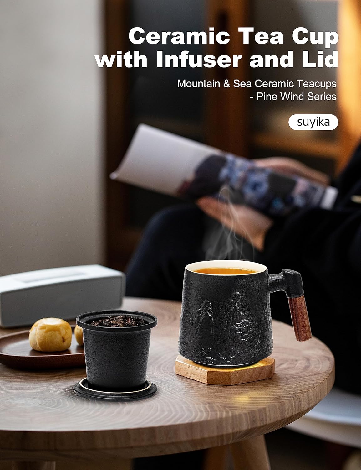 suyika Ceramic Tea Cup with Infuser and Lid, Gradient Embossed Large Tea Mug Wooden Handle for Steeping Loose Leaf, Tea Lover Gifts 15.2 oz / 450 ml,Matte Black