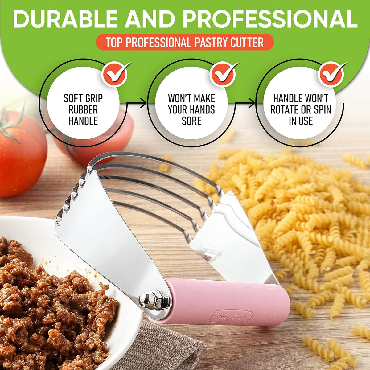 Spring Chef Large Dough Blender For Baking, Professional Dough Cutter Tool, Stainless Steel Puff Pastry Cutter Tool, Dishwasher Safe Pastry Blender for Easy Mixing - Pink Lemonade