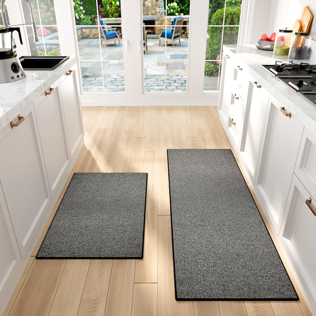 Kitchen Mat Set of 2 PCS, Cushioned Non Slip Rugs for Kitchen Floor, Absorbent Runner Comfort Standing Mats Washable for Kitchen, Office, Home (Black-Velvet, 17.3"x47"+17.3"x30")