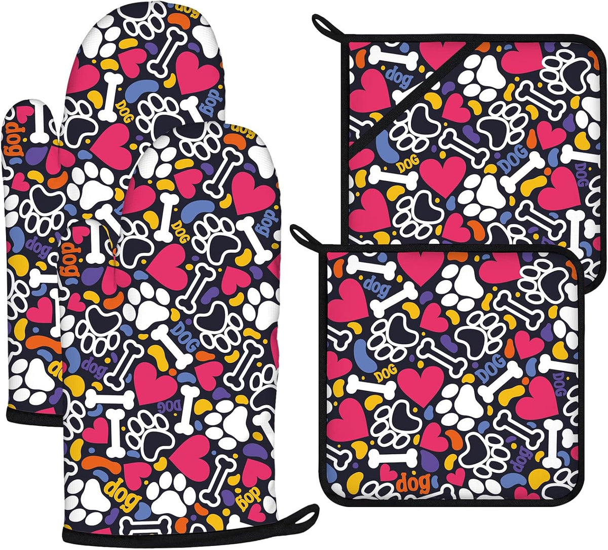 Paw Prints Oven Mitts and Pot Holders Sets 4Pcs,Extra Long Oven Gloves Potholder for Kitchen Cooking Baking BBQ 100% Cotton Heat Resistant