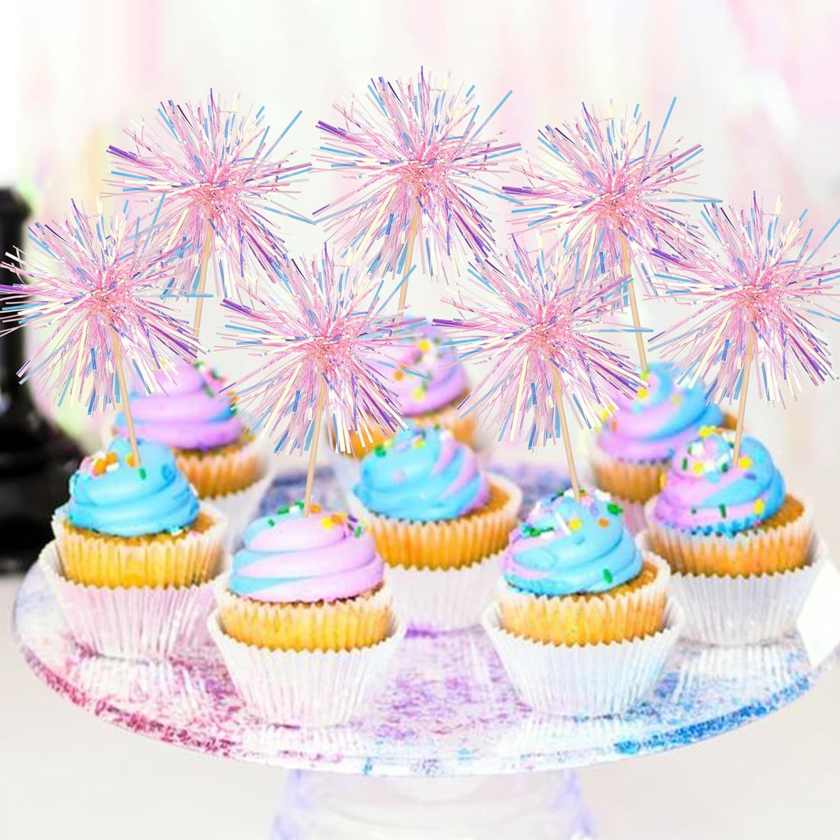 30 PCS Foil Firework Cupcake Toppers Happy Birthday Cupcake Toppers Sparkle Tinsel Flower Drink Stirrers Cocktail Fruit Toothpicks for Valentine's Day Baby Shower Party Cake Decor Supplies Pink