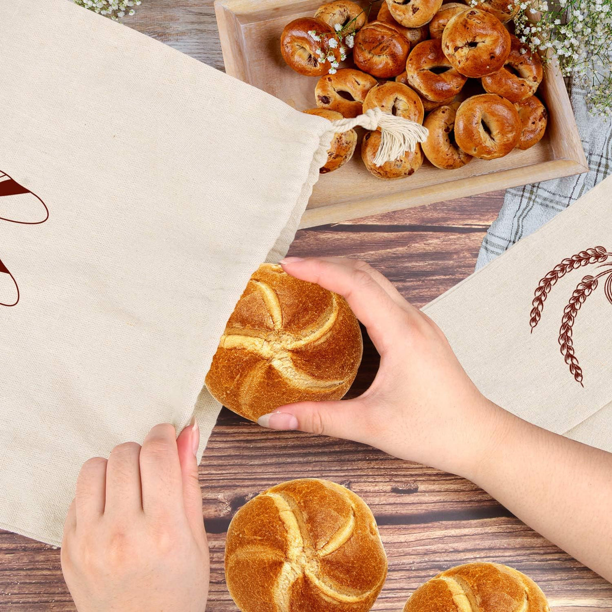 Augshy 4 Packs Linen Bread Bags for Homemade Bread, Unbleached, Reusable Bread Storage Bakery & Baguette