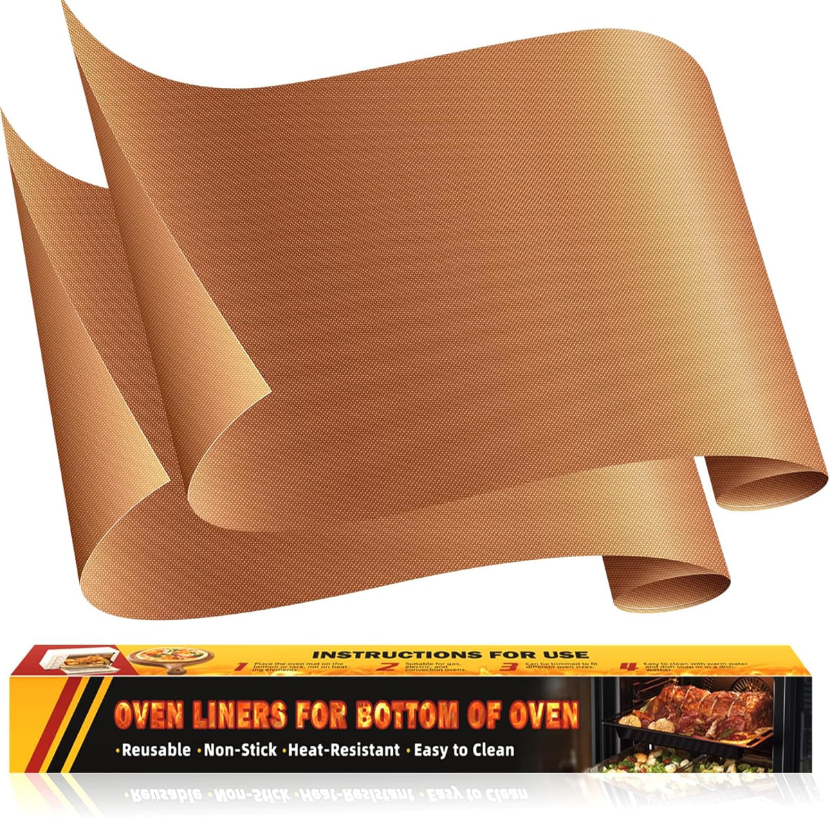 2 Pack Oven Liners for Bottom of Oven, 17"x25" Heavy Duty Non-Stick Oven Liner Mat, Reusable Heat Resistant Grill & Baking Mat, BPA/PFOA Free Roaster Liners, Fits Electric, Gas, Toaster Ovens (Copper)