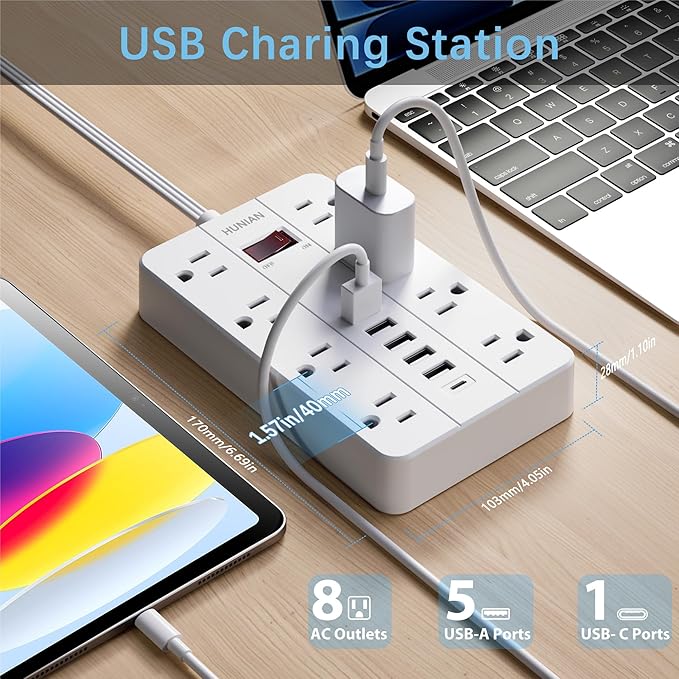 Power Strip with USB, Flat Plug Extension Cord Surge Protector 5 Ft, HUNIAN Power Strip with 8 Widely Spaced Outlets 6 USB Charger (1 USB C Port), Desk Charging Station for Home Office, White