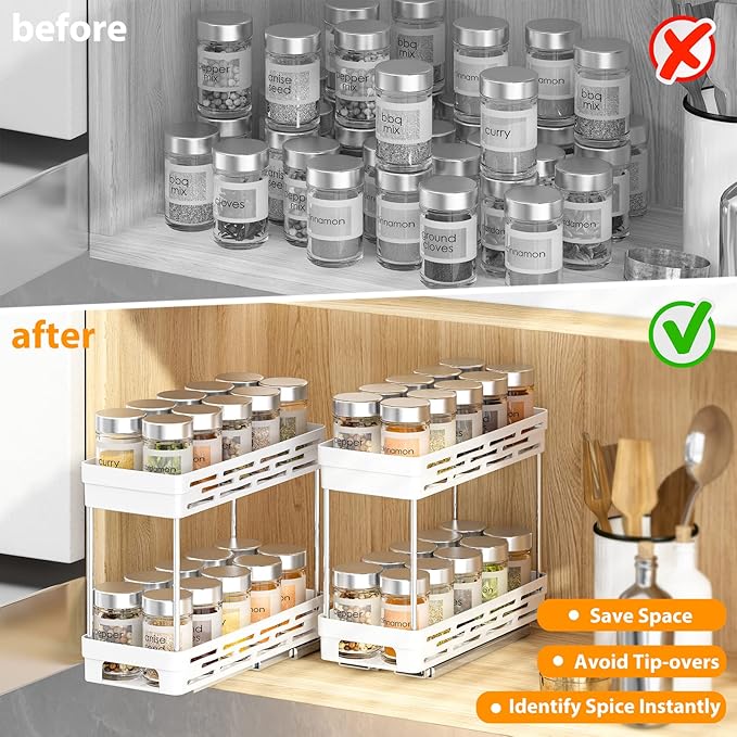 Pull Out Spice Rack Organizer for Cabinet, 3 Packs Slide Out Spice Racks Organizer, Spice Cabinet Organizers, Cabinet Size Need:12'' Highx11'' Deepx5'' Wide,Each Tier Hold 10 Spice Jar - 2 Tier, White