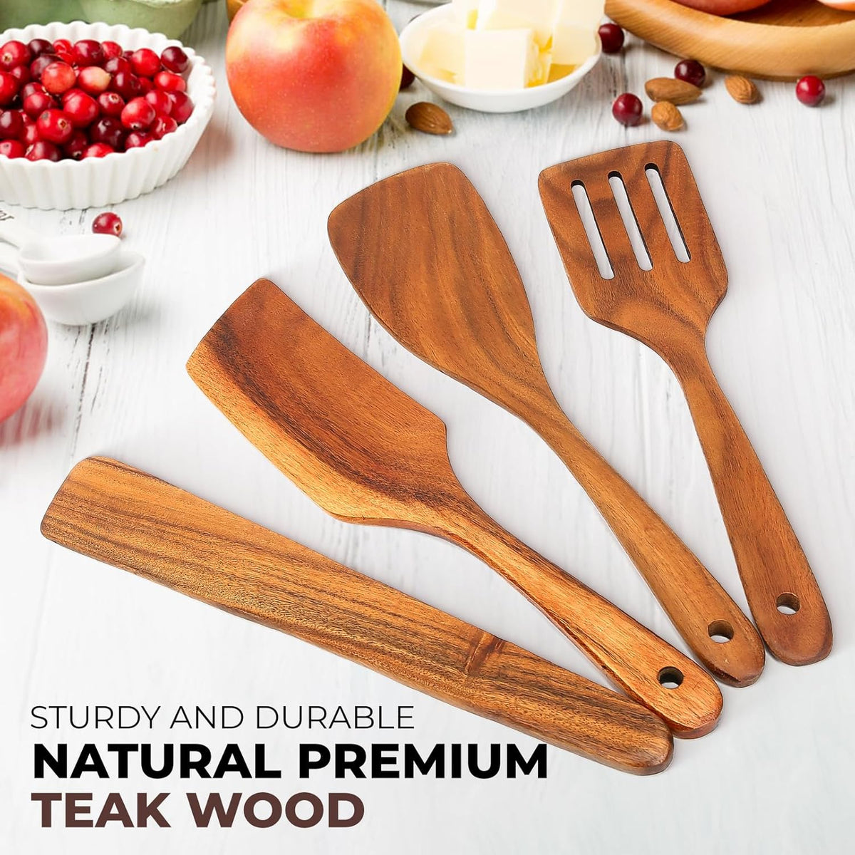 AIUHI Wooden Spatula for Cooking, Premium Teak Wood Cooking Utensils, NonStick Kitchen Utensils Set of 4 Contain Paddle, Turner Spatula, Slotted Spatula and Wood Scraper