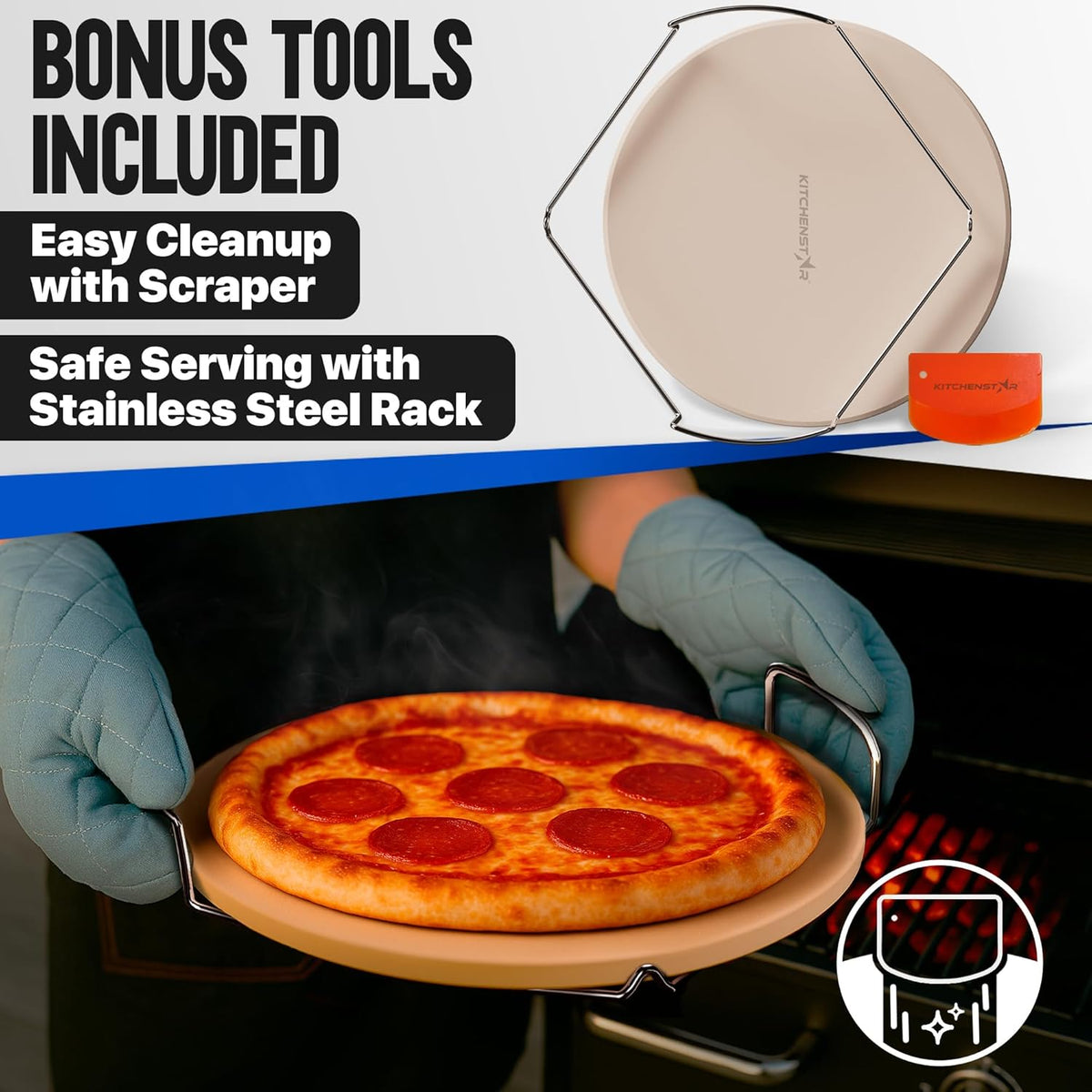 KitchenStar 16-inch Pizza Stone for Oven and BBQ Grill with Handles, Round, 5/8" Thick - Natural Cordierite, 1800 °F Resistant, Baking Stone Set with Stainless Steel Rack & Plastic Scraper Tool