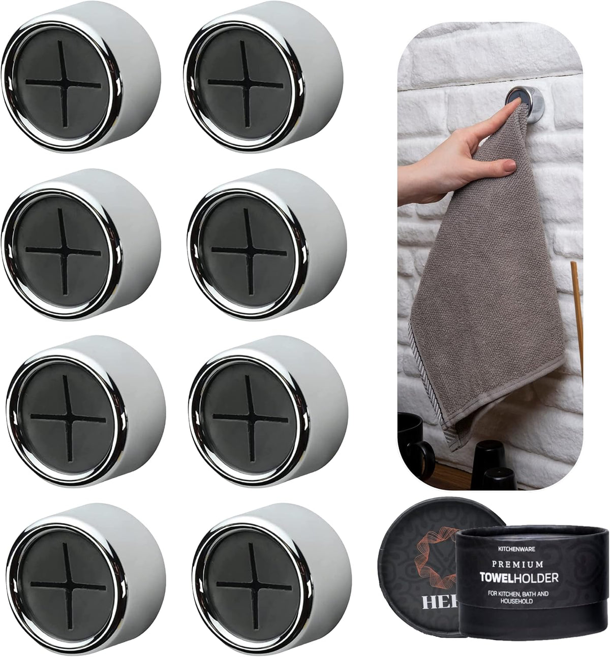 HEFA Towel Hooks, Towel Holder, Dish Towel Holder, Kitchen Organization, Kitchen Towel Hook, Kitchen Towel Holder, Hand Towel Holder, Kitchen Gadgets 8 Pack Eco, Chrome