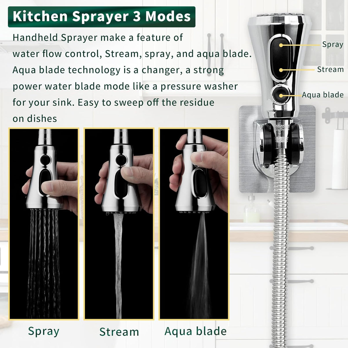 CECEFIN Kitchen Faucet Hose Attachment, Sink Sprayer Replacement Head with 4.9 Ft Stainless Steel Hose, Water Saving Aerator with 3-Way Diverter Valve for Hair Washing Laundry Room and Pet Shower