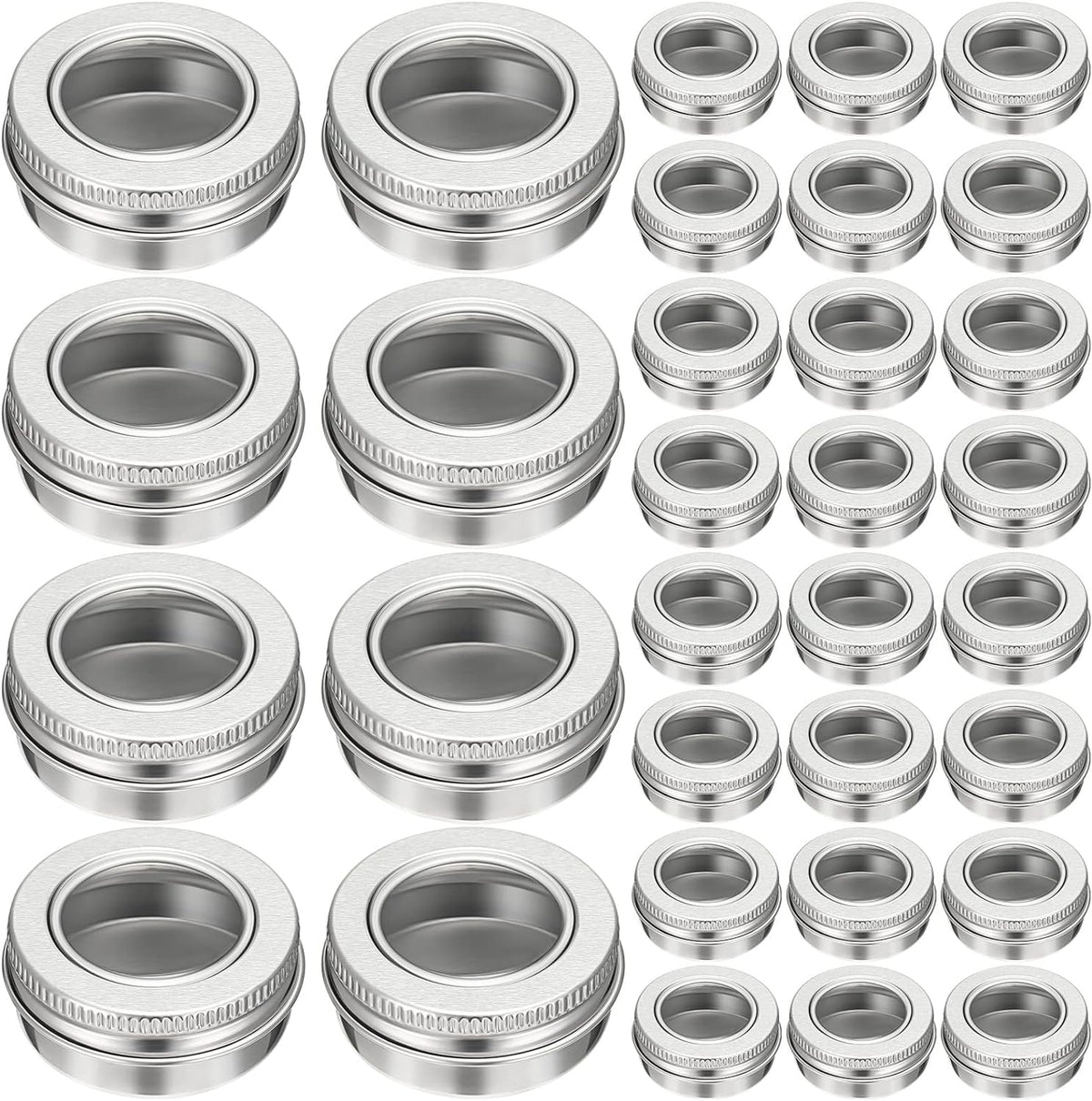 Zubebe 100 Pcs Aluminum Tin Jar Refillable Containers Clear Top Screw Lid Round Tin Container Bottle for Cosmetic, Cream, Diamond Painting, Salves, Balms, Lip Balm, Spices or Others, Silver (2 oz)