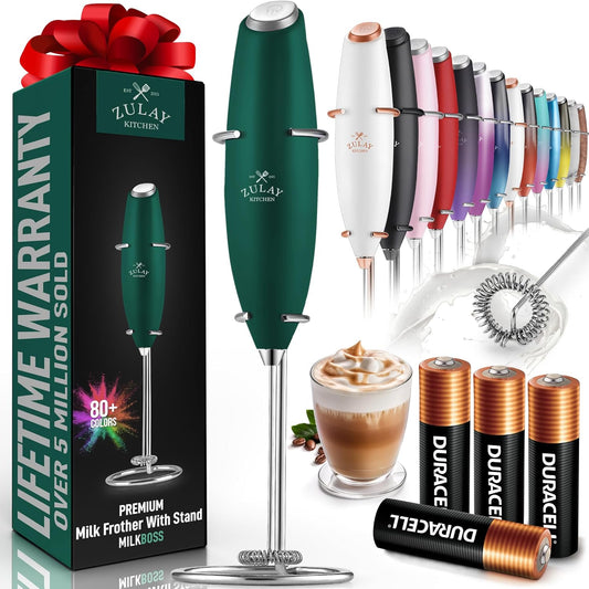 Zulay Kitchen Powerful Milk Frother Wand With 4 AA Duracell Batteries - Ultra Fast Handheld Drink Mixer - Electric Whisk Foam Maker for Coffee, Lattes, Cappuccino, Matcha & Creamer -