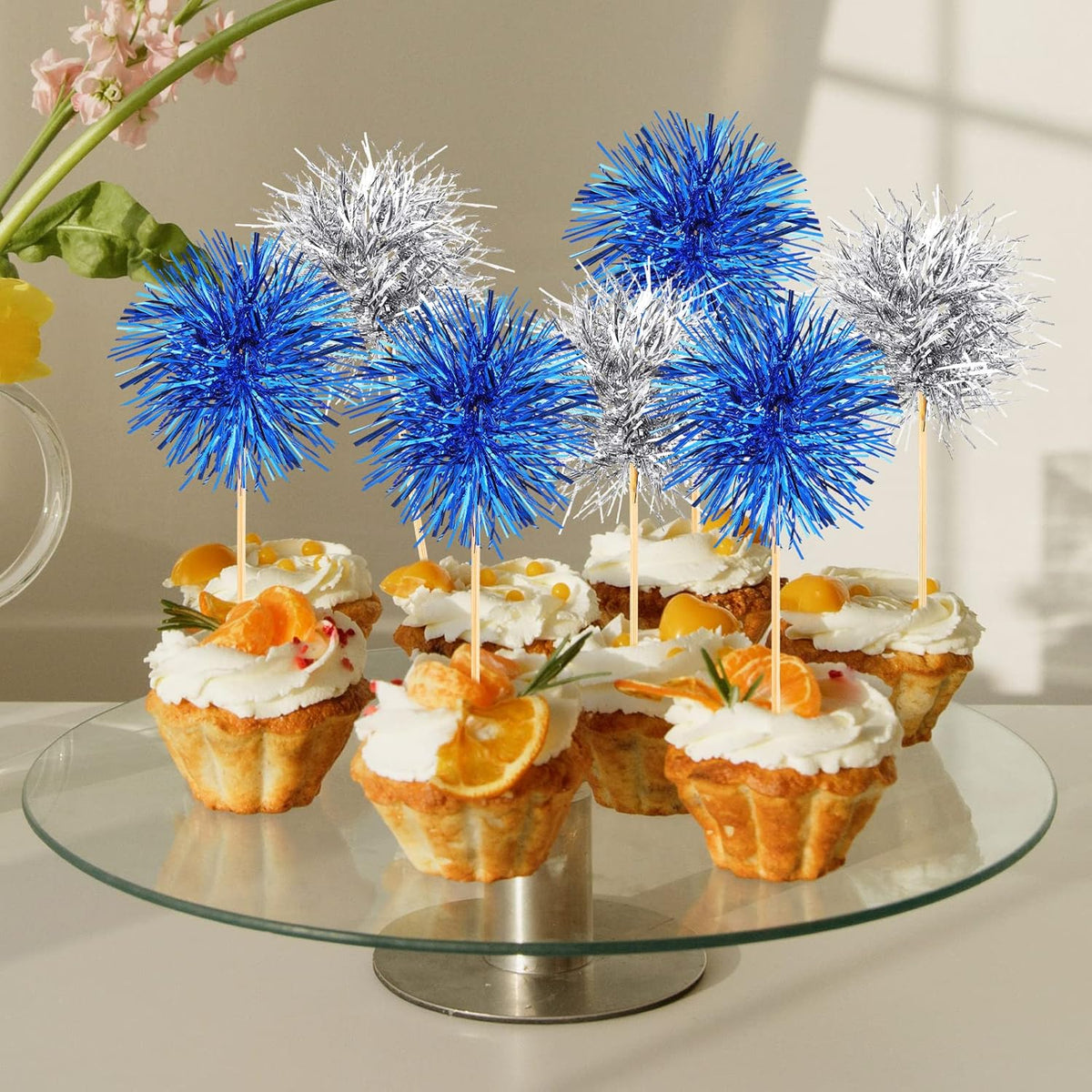 Chinco 100 Pcs Foil Firework Cupcake Toppers Sparkle Tinsel Cake Toppers Cake Decoration Cocktail Fruit Toothpick for Birthday Wedding Graduation Party(Silver, Blue)