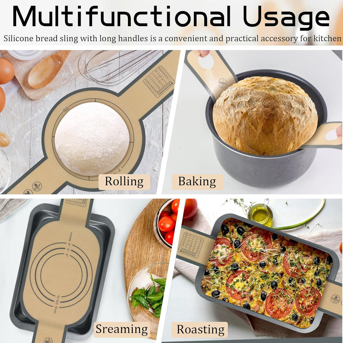 Silicone Bread Sling for Dutch Oven, 2 PCS Non-Stick & Easy Clean Reusable Silicone Bread Baking Mat with Long Handles, Easy to Transfer Sourdough Bread(Grey), medium, Gray